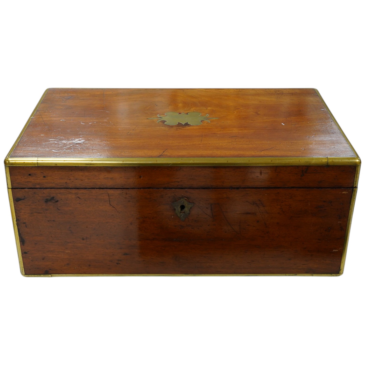 A 19th century mahogany brass bound writing box with tooled leather slope, 45cm wide. Condition - poor